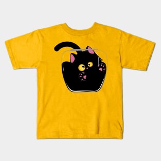 Black cat with yellow eyes in bowl Kids T-Shirt